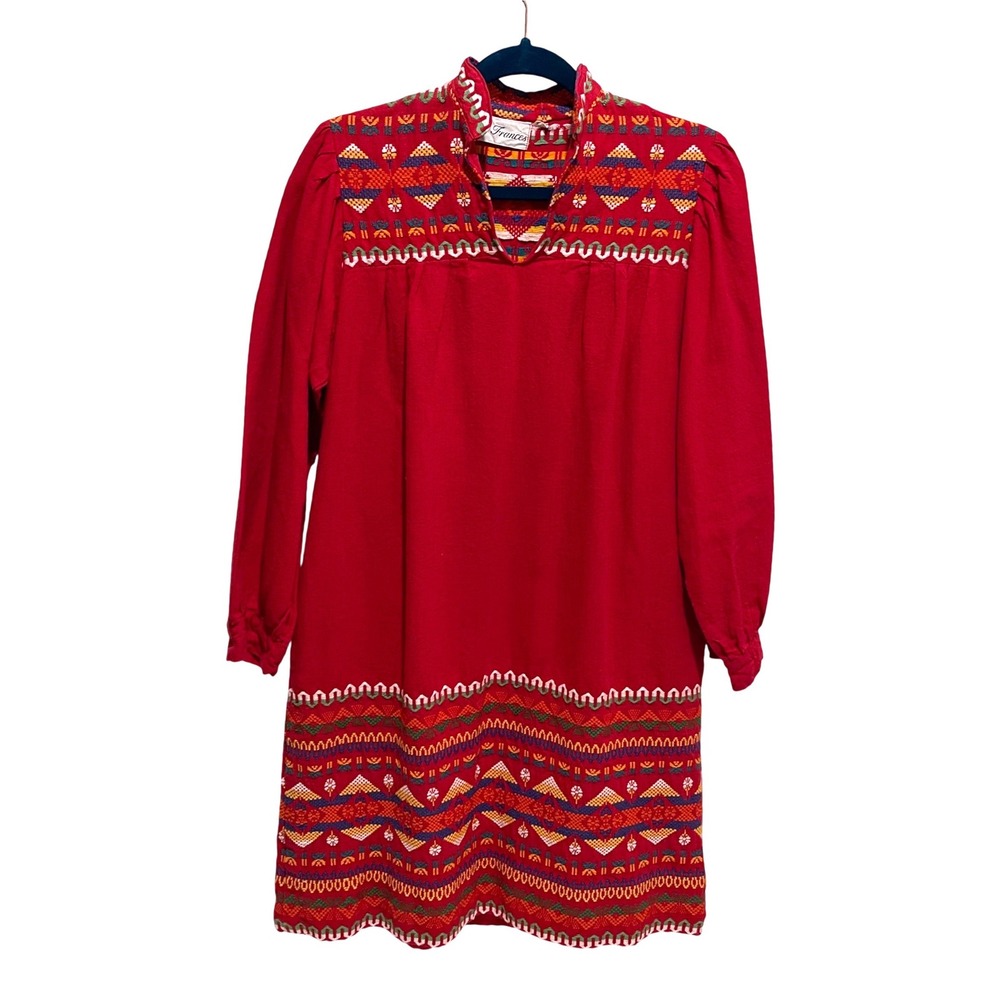 Gay (Cay)Frances Embroidered Shift Dress Women L Red Boho Folk Vintage 70s Tunic
